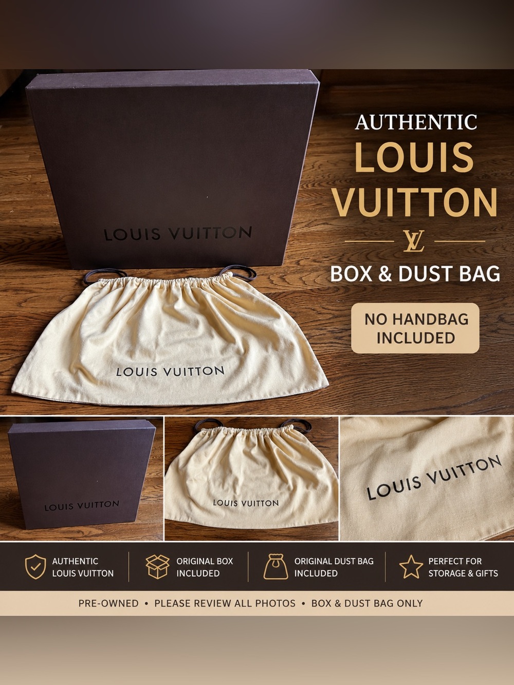 Louis Vuitton Cream Drawstring Dust Bag with Large Brown Box